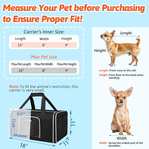 Small Pet Carrier 18"x11"x11" with Wheels Airline Approved, Black | for Delta/American/United Airlines, Lockable Safety Zippers and Anti-Scratch Mesh, Pets Under 10 lbs - color: Black and Wheeled, size: 18.0"L x 11.0"W x 11.0"H