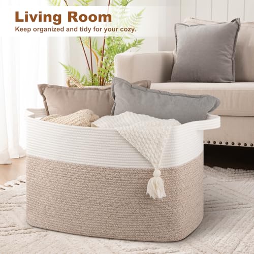 OIASKET 108L Cotton Rope Storage Basket for Living Room and Bedroom 25"x16"x16" Woven Laundry Basket, Heavy Duty Bin for Blankets, Pillows & Toys, Pet-Safe & Scratch-Free, Brown and White - color: Brown & White