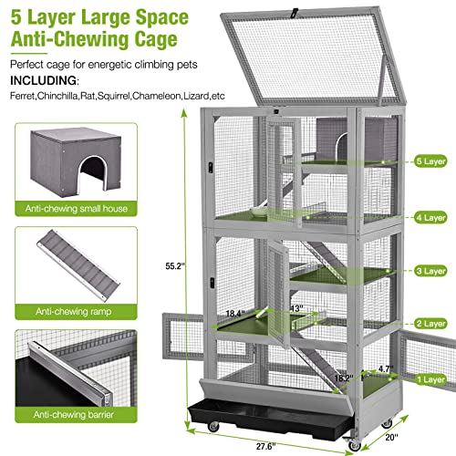 GUTINNEEN Ferret Cage Rat Cage 5 Levels Small Animal Cage for Chinchilla, Hedgehogs, Squirrel, Chameleon, Lizard, Gerbils Anti-Chewing - size: 27.6"L x 20.0"W x 55.2"H