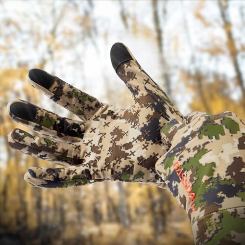 BASSDASH Unisex Fleece Liner Lightweight Camo Hunting Gloves HG07 | Stretch Fleeced Warm Anti-Slip Gloves with Touchscreen for Men Women Cool Weather Shooting Photography Fishing - color: Highland, size: Small