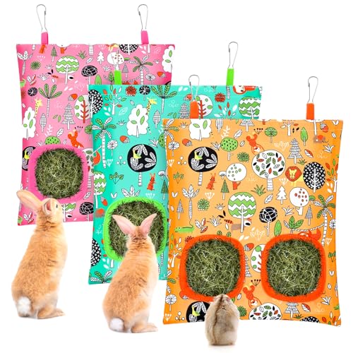 UPINS 3Pack Guinea Pig Hay Feeder Bag,Bunny Rabbit Cage Bag Hanging Holder | Guinea Pig Cage Feeder,for Bunny Rabbits,Chinchillas,Hamsters,Small Pets,and Animals - color: Orange Green Pink