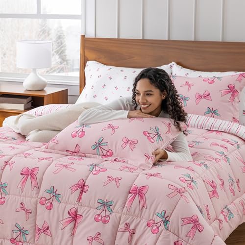Berkshire LIG Printed Reversible Microfiber Comforter Set–7-Piece, Ultra Soft All-Season Bedding, Wrinkle & Fade Resistant, Full, Cherry Bows Blush - color: Cherry Bows Blush, size: Full
