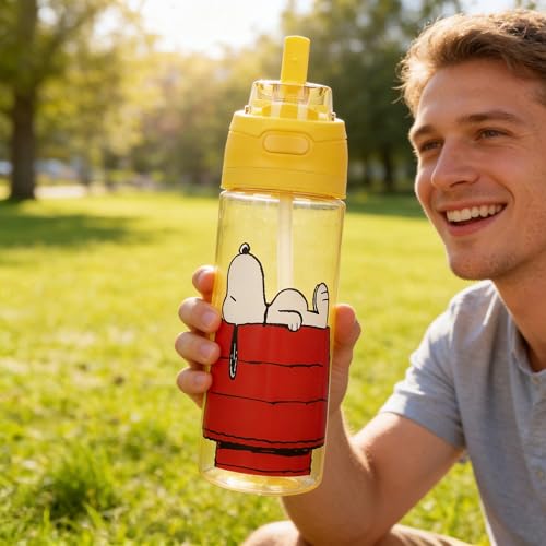 Bioworld Peanuts Snoopy Dog House Yellow 24 Oz Plastic Water Bottle With Dual Spout Lid - color: Peanuts Snoopy Dog House