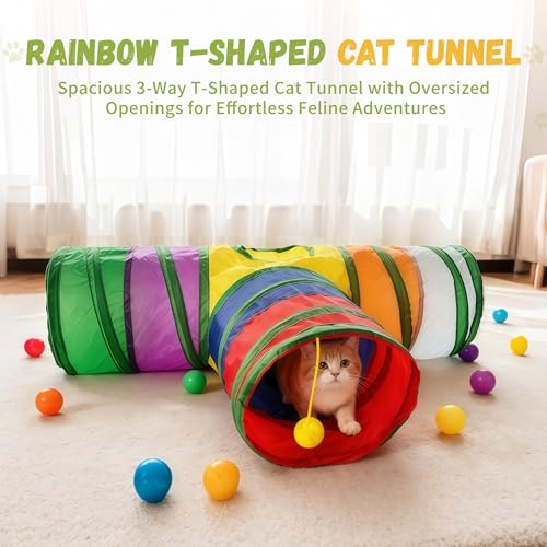 Cat Tunnel,Cat Tunnels for Indoor Cats Interactive, Pet Tunnel Toys for Cats Kitten Rabbits,3 Way Collapsible,Rainbow L 32" T Shape - color: Mini Cat Tunnel Toy Rainbow