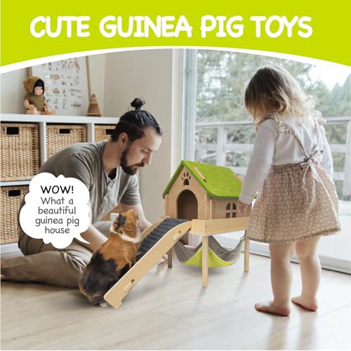 BESNEW 3 in 1 Enlarged Guinea Pig Hammock,Wooden Guinea Pig Hideout with House & Platform & Stairs Small Animal Toys for Hiding Sleeping Activities - color: Matcha Brown