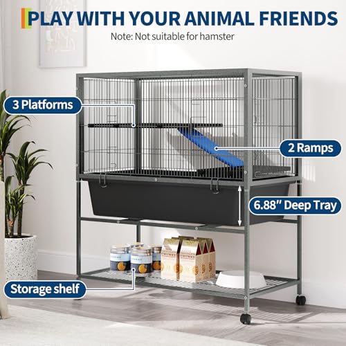 Ferret Cage, 40.5" H Large Ferret Nation Cage with 2 Removable Ramps, Metal Small Animal Cages On Wheels for Chinchillas, Guinea Pigs, Rabbit, Sugar Glider (Grey Hammertone) (41" H)