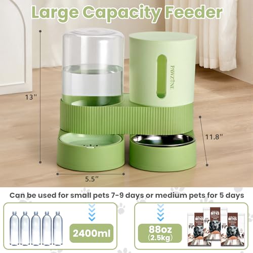 Automatic Cat Feeder Stainless Steel Water Dispenser Gravity Food Feeder and Waterer Set with Pet Food Bowl for Small Medium Kitten Puppy Pets Large Capacity(Green) - color: Green