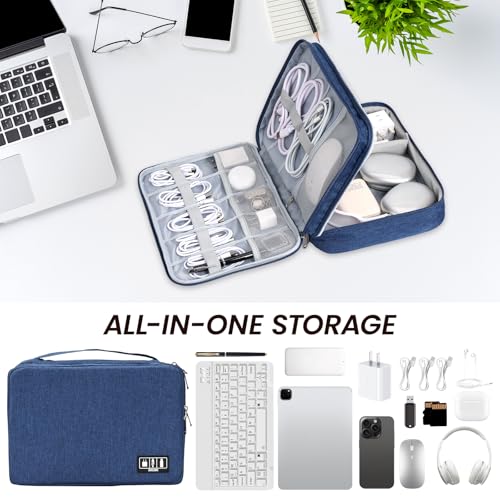 Electronic Organizer Travel Case, Double Layer Cable Organizer Bag | Double-layer design with adjustable dividers, mesh pockets and elastic loops for chargers, cables, power banks and gadgets - color: blue