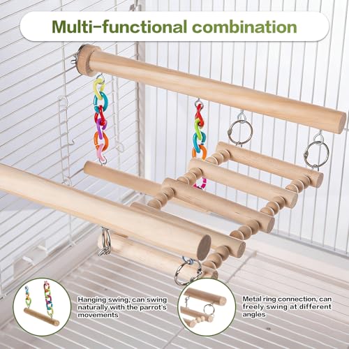 Bird Perches Ladder with Swing,Natural Wood Parrot Climbing Bridge Toys | Wood Climbing Ladder for Parakeet, Exercise Play Stand Parakeet Cage Accessories for Budgie Conure Lovebird Canary,B - color: B