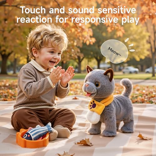 TUMAMA Walking Cat Set, Cat Toys for Kids Age 2 3 4 5+ Years | Wag Tail, Meows, Pretend Dress Up,Sing, Realistic Stuffed Cat