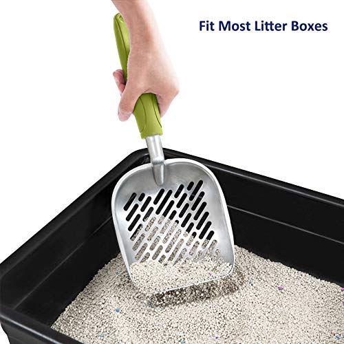 Cat Litter Scoop, Aluminum Alloy Sifter, Kitty Metal Scooper, Deep Shovel with Diagonal Sifting Hole, Long Handle, Kitten Poop Lifter for Litter Box, Large Size, Green Handle - color: #03 Green, size: Large