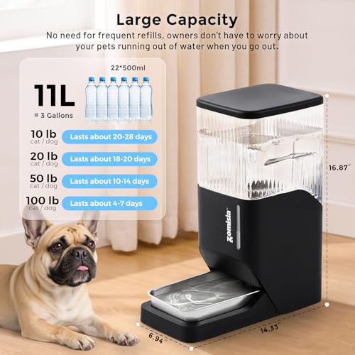 ZOMISIA Automatic Dog Water Dispenser 11L with Stainless Steel Bowl, Gravity Extra Large Capacity Water Bowl for Large-Sized Dogs, 3 Gallon Pet Waterer 100% BPA Free, White - color: White, size: 11L