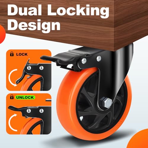 QNCZ 5 Inch Heavy Duty Caster Wheel with Dual Brake,Silent,Orange,Set of 4 | Easy to Install, Efficient operation, convenient braking,Silent, Floor friendly,Widely Applied for Cart,Furniture,Workbench - color: Orange, size: 5 IN