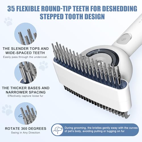Double-Sided Pet Deshedding Dematting Comb, Steam Brush with 2 Spray Levels | Extra-Wide Detangling Undercoat Rake for Long-Hair Dogs & Cats Matted Fur, Knots, Rechargeable Grooming & Massage Tool - color: White with Double-Sided