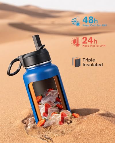 Coolflask 32 oz Water Bottle Insulated with Straw & 3 Leakproof Lids | Water Flask Stainless Steel Triple-Wall Vacuum,Cold 48+h, Dishwasher Safe,Wide Mouth,BPA-Free,Carrier Bag,for Gym,Hiking - color: King's Blue, size: 32 Ounces