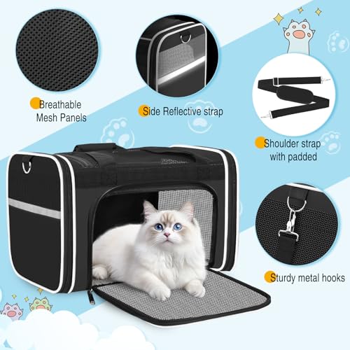 HUANLANG Large Cat Carrier Soft Sided Travel Pet Carrier Airline Approved | Dog Carriers for Small Dogs Medium Cats,Collapsible,3 Storage,zipper lock,Reflective strips,Luggage Strap,Up to 15 Lbs, Black - color: Black 1