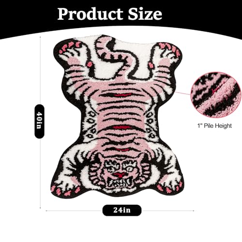 Tibetan Tiger Rug, Pink Tiger Bath Mat Fun Animal Bathroom Rug | 24 x 40 In, Soft Plush Pile, Non-Slip Backing, Washable, Irregular Shape, Bedroom and Living Room Floor Accent - color: Pink