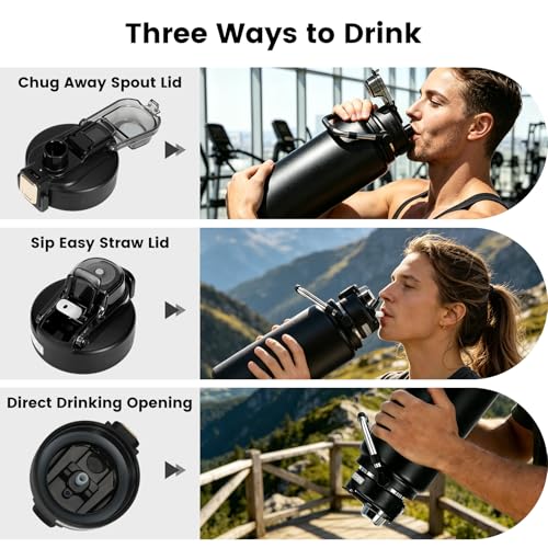 85oz Insulated Water Bottle 2-in-1 Lid,Black | Stainless Steel, Leak-Proof, 24H Cold & 12H Hot, Handle, for Gym, Camping, Hiking.