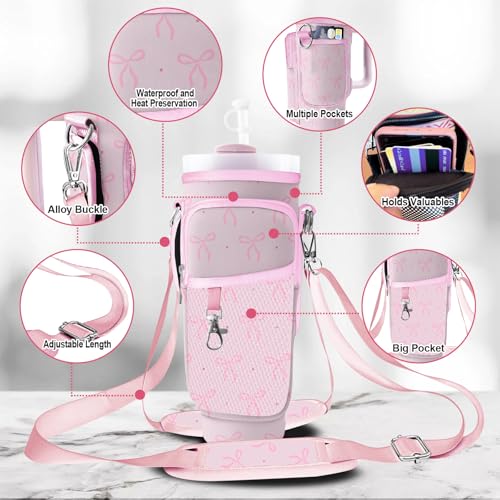 Stanley Carrier Bag for Stanley 40oz/30ozTumbler with Phone with 2 Adjustable Strap,3 Pockets Bottle Stanley Cup Carrier Bag & Case,Accessories for Hiking Travelling - color: Pink Bow