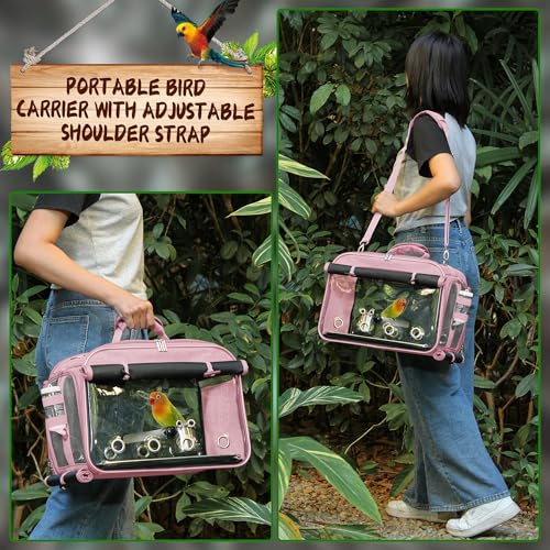 Bird Carrier Airline Approved, Bird Travel Cage with Indestructible Stainless Steel Mesh, Bird Travel Bag Lightweight and Portable with Water Bottle and Bowl - color: Pink