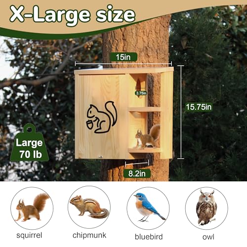 Widened Large Wooden Squirrel House Outdoor | External Platform & Porch, Squirrel Nesting Box, Squirrel Boxes for Outside, Chipmunk Houses, Easy Assembly - size: Large