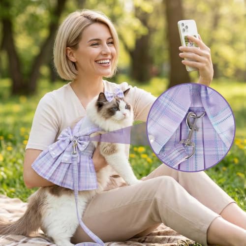 Cute Plaid Dog Dress Clothes for Small Dogs Cats Girl Purple Plaid Dog Dress with Pearls Bow Tie Harness Leash for Spring Summer Birthday Puppy Bunny Rabbit Yorkies Chihuahua Outfits - size: S