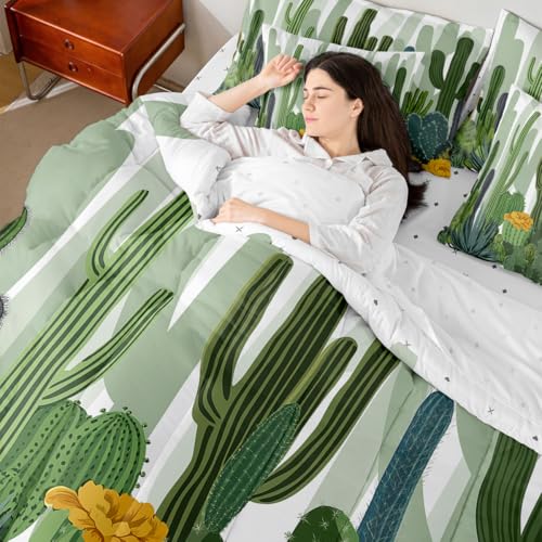 Erosebridal Cactus Comforter Set Prickly Pear Bed in A Bag Queen Size 7 Pieces Desert Plant Flower Bed Set Botanical Green Leaves Garden Style Bedding - color: Green, size: Queen