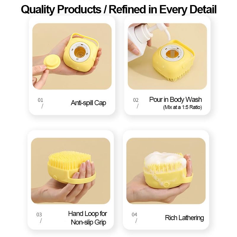 Pet Grooming Bath Massage Brush with Built-in Shampoo Dispenser & Hanging Rope, Soft Bristles for Long Short Haired Dogs Cats Shower Gentle Cleaning and Massage, Yellow