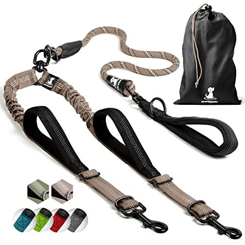 Double Dog Bungee Rope Leash - Dual Dog Lead for Medium and Large Breeds - Padded Handles, No Tangle - Flow Leash, 2 Dogs Walking Accessory - color: Brown