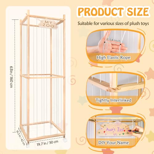 Stuffed Animal Storage Zoo with Wheels, 64" Wooden Large | Stuff Animals Plushies Holder, Toy Organizer Kids Plush Storage Cage, Elastic Band and Net, For Nursery Playroom Corner - color: Wooden
