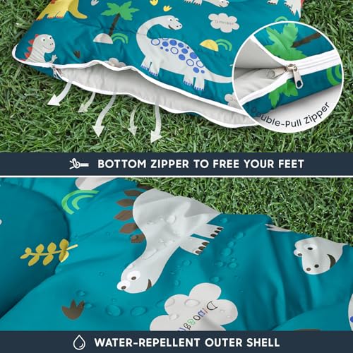 Wake In Cloud - Kids Sleeping Bag for Boys Toddlers, Camping in Warm Cold Weather, Backpacking Lightweight Compact Outdoor Liner for 3 Seasons, Cartoon Jurassic Dinosaur - color: Teal Blue