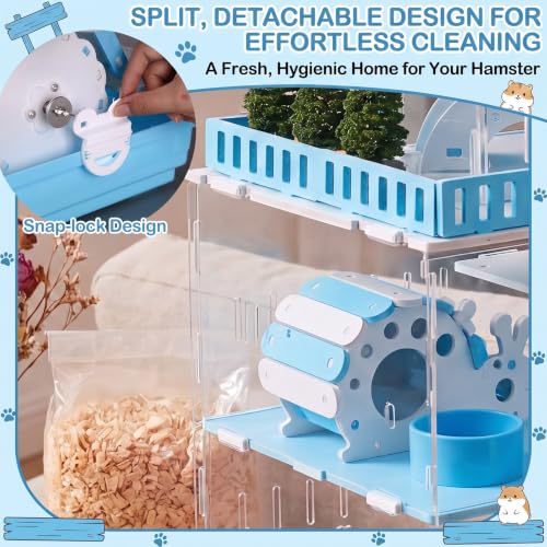 Eccliy 15 in 1 Clear 3-Layer Acrylic Hamster Cage with All Accessories, 20 x 13.7 x 10 Inch Dwarf Hamster House, Magnetic Connection Small Pet Enclosure, Garden Style Mouse Cage for Pet Mice (Blue) - color: Blue