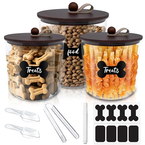 HOYTAMDAR 3 Pack Airtight Dog Treat Containers Bamboo Lids, Dog Treat Jars | Dog Food Storage Container with Scoops, Clamps, Labels and Marker, Dog & Cat Treat Holder - color: Brown - 3 Pack