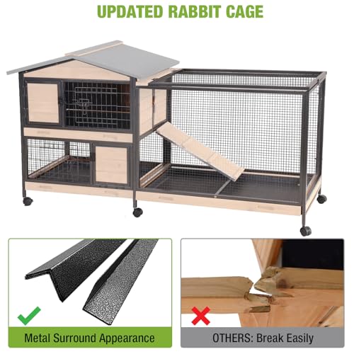 GUTINNEEN 60.8 in Rabbit Hutch with Wheels, 2-Level Wooden Small Animal Cage with 6 Lockable Doors, 3 Compartments & Pull-Out Trays, Indoor Rabbit Enclosure - color: Orange