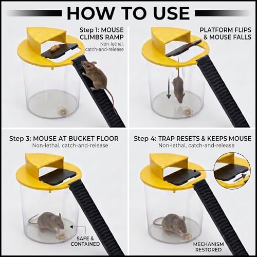 Bucket Mouse Trap- 5 Gallon Bucket Mouse Trap Lid Mouse Rat Trap- Automatic Reset Flip and Slide Mouse Trap Humane Mouse Rat Traps for Indoor Outdoor Use Pet Friendly (Yellow-2packs)