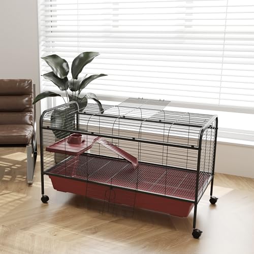 PawHut 48" L Small Animal Cage, Rabbit Hutch, or Ferret Pet Play House with Feeder, Rolling Wheels, Platform, Ramp | Ferret Pet Play House, Platform, Ramp - size: 48.0"L x 23.3"W x 28.8"H
