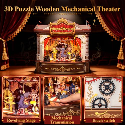 CUTEBEE 3D Wooden Puzzles Music Box - DIY Theater Model Kit with LED Light, 413 Pcs Rotating Miniature House Kit for Adults, Home Bookshelf Decor, Birthday Valentines Day Gifts (Animal Carnival)