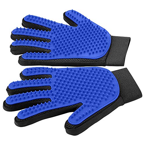 Pet Hair Removal Glove with 255 Silicone Tips for Dogs & Cats, 1 Pair Blue | 2-in-1 Deshedding & Massage Mitt, 5-Finger Flexible Design, for Bathing & Grooming, Safe for Long/Short/Curly Hair Pets