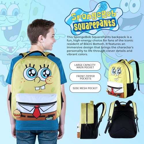 AI ACCESSORY INNOVATIONS SpongeBob Square Pants Backpack for Boys & Girls, 16” Big Face Nylon Twill Bookbag w/Molded Hamburger Patty Dangle, Yellow - style: Spongebob Square Pants