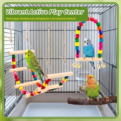 8 PCS Bird Toys & Perches Set - Natural Apple Wood & Hardwood Branches, Birch Ladder Swing, Foraging Shredding Chewing Toys for Parakeets, Cockatiels, Small Medium Bird Cage Accessories - size: Bird Toys & Perches Set