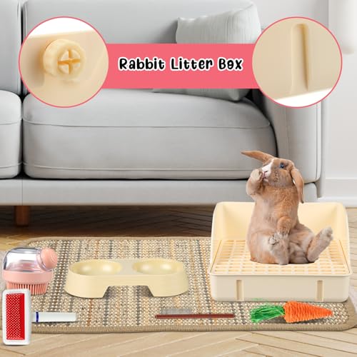 Honeydak 10 Pcs Rabbit Starter Kit Small Litter Box Bunny Grooming Kit Scratch Pads Hay Feeder Bowl Ice Pad with Bunny Toys for Guinea Pig Rabbit Accessories(Beige) - color: Beige
