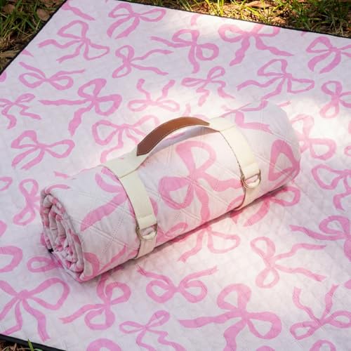 SmoothNovelty Pink Bow Picnic Blanket 80'' x 80'' Waterproof Extra Large Camping Blanket Coquette Picnic Mat Foldable Portable Preppy Outdoor Beach Mat with Carry Strap for Outdoor Grass Lawn Park - color: Pink