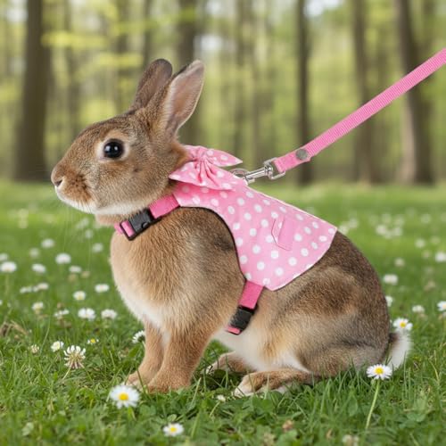 Rabbit Harness and Leash Set, Pink Polka Dot Bunny Suit, Cute Easter Bunny Clothes with Cute Bow for Outdoor Training Camping Walking Escape Proof Pink(M) - size: M