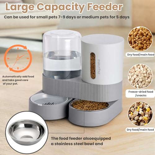 2 Pack Automatic Cat Feeder Stainless Steel Water Dispenser Gravity Food Feeder and Waterer Set with Pet Food Bowl for Small Medium Kitten Puppy Pets Large Capacity(Grey) - color: Grey