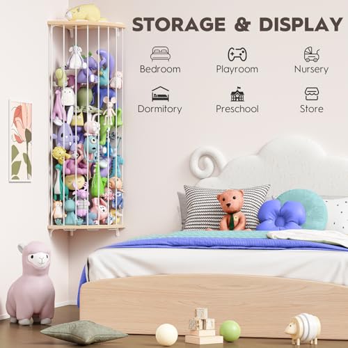 Stuffed Animal Storage Wood Corner Plush Toys Holder with Star Pattern, Length Adjustable Hanging Stuffed Animal Toy Organizer Shelf for Nursery Play Room Bedroom Kid Room