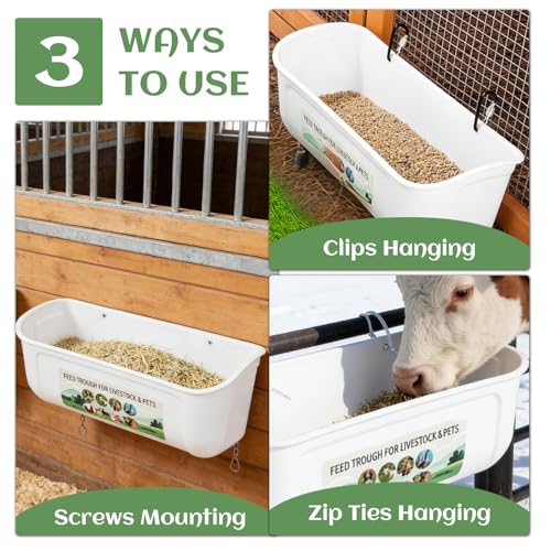 6 PCS 5 Quart Goat Feeder Hanging Pig Feeder with Clip White Chicken Feeder Trough Poultry Feeder Hanging Goat Mineral Feeder Chicken Coop Feeder and Water for Livestock, Hang or Screw-in - color: White
