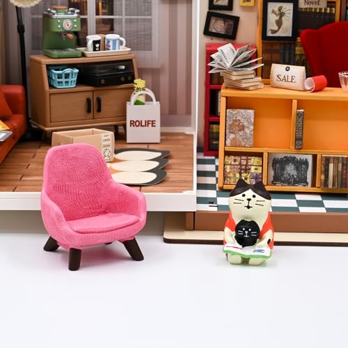 Mevodeata Cute Mini Cat Reading Book Figurine with Small Sofa Resin Figure for Office Home Decor for Cat Lover(Pink Sofa) - color: Cat Pink
