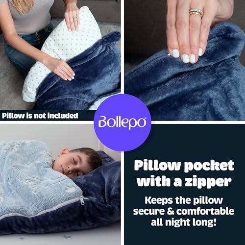 Kids Sleeping Bag for Boys & Girls - Glow in The Dark for Ages 3+, Large With Pillow Pocket, Extra Soft Toddler Blanket (66" x 33") - color: Blue - Dinosaurs