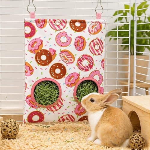 JarThenaAMCS 2Pcs Rabbit Hay Feeder Bag with 2 Holes Donut Guinea Pig Hanging Hay Feeding Bag Storage Dispenser for Chinchilla Hamster Bunny Small Animal Pet