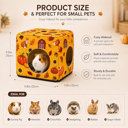 Guinea Pig Hideout House with Removable Cushion, Washable Small Animal Cube Bed, Cozy Bunny Hideaway for Guinea Pigs, Chinchillas, Hedgehogs, Hamsters & Dwarf Rabbits - color: Orange Pumpkin